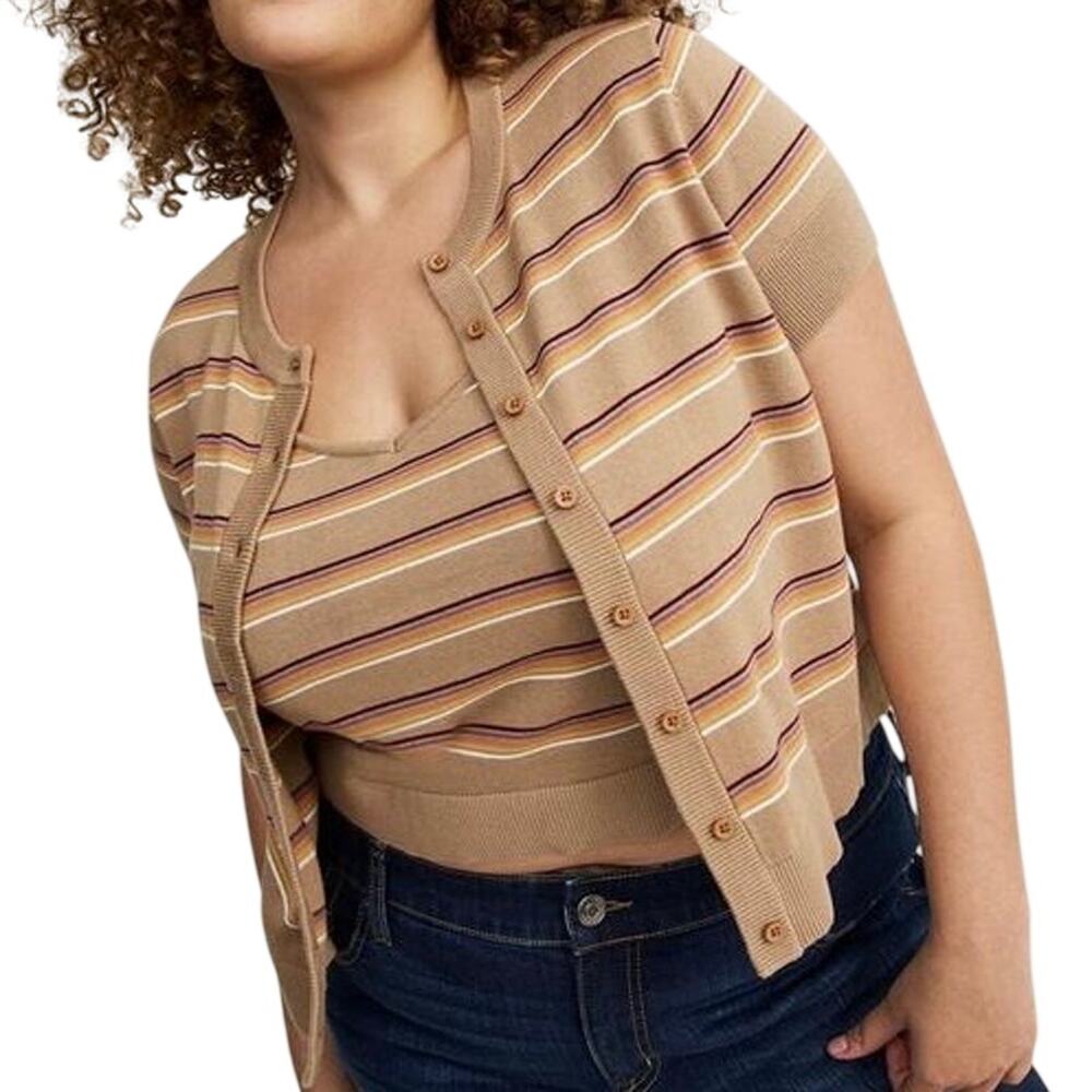 Torrid Crewneck Short Sleeve Tan Striped Button Up Cardigan Sweater Size 1X